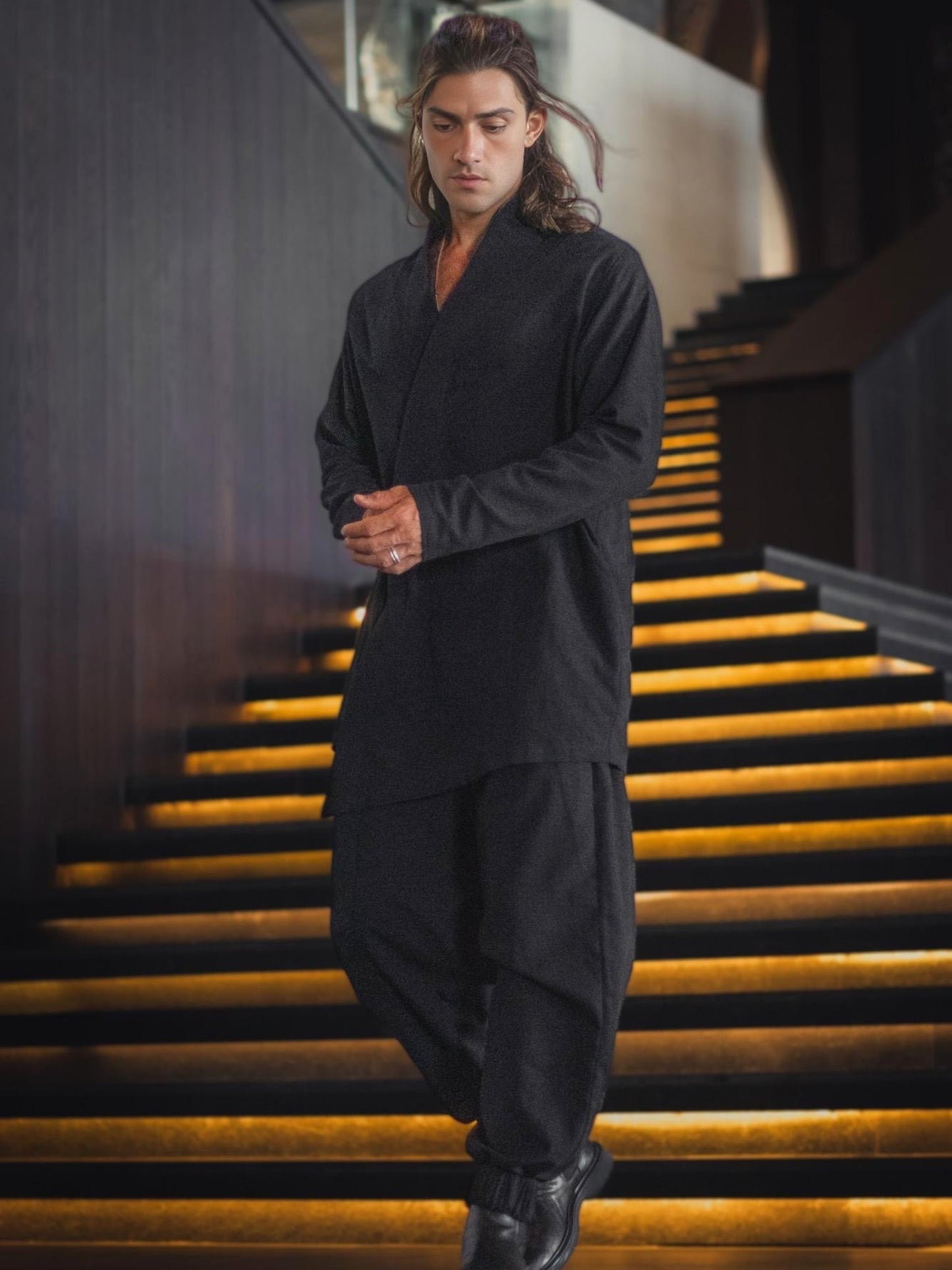 Black zip-up shirt made of 100% cotton. Inspired by Japanese design with clean lines, asymmetry, and comfort. Perfect for daily wear and modern style.