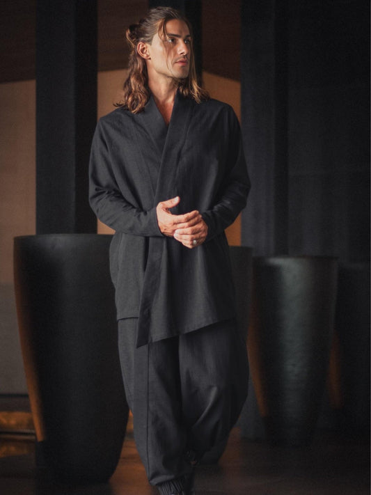 Black zip-up shirt made of 100% cotton. Inspired by Japanese design with clean lines, asymmetry, and comfort. Perfect for daily wear and modern style.