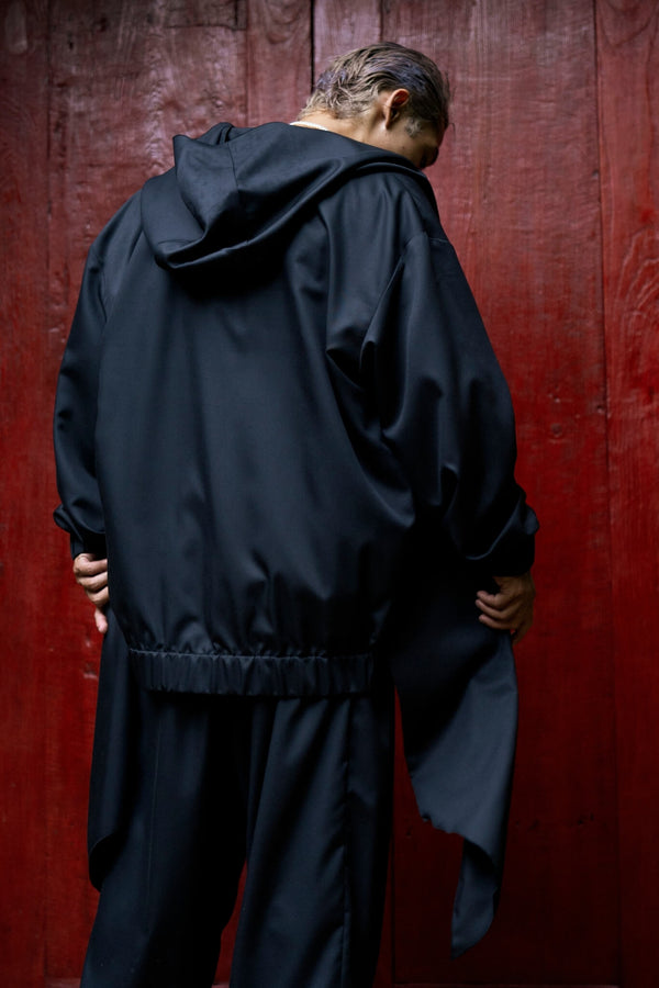 Men's black asymmetrical cardigan with a hood - OVERZ