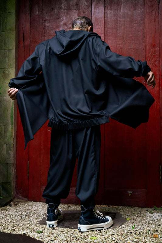 Men's black asymmetrical cardigan with a hood - OVERZ