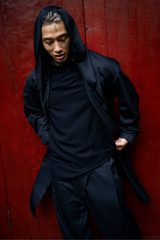 Men's black asymmetrical cardigan with a hood - OVERZ