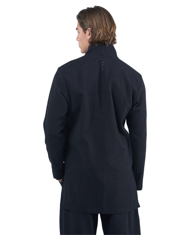 Black kimono-style shirt in nettle fabric with magnetic fastening and embroidered logo by OVERZ