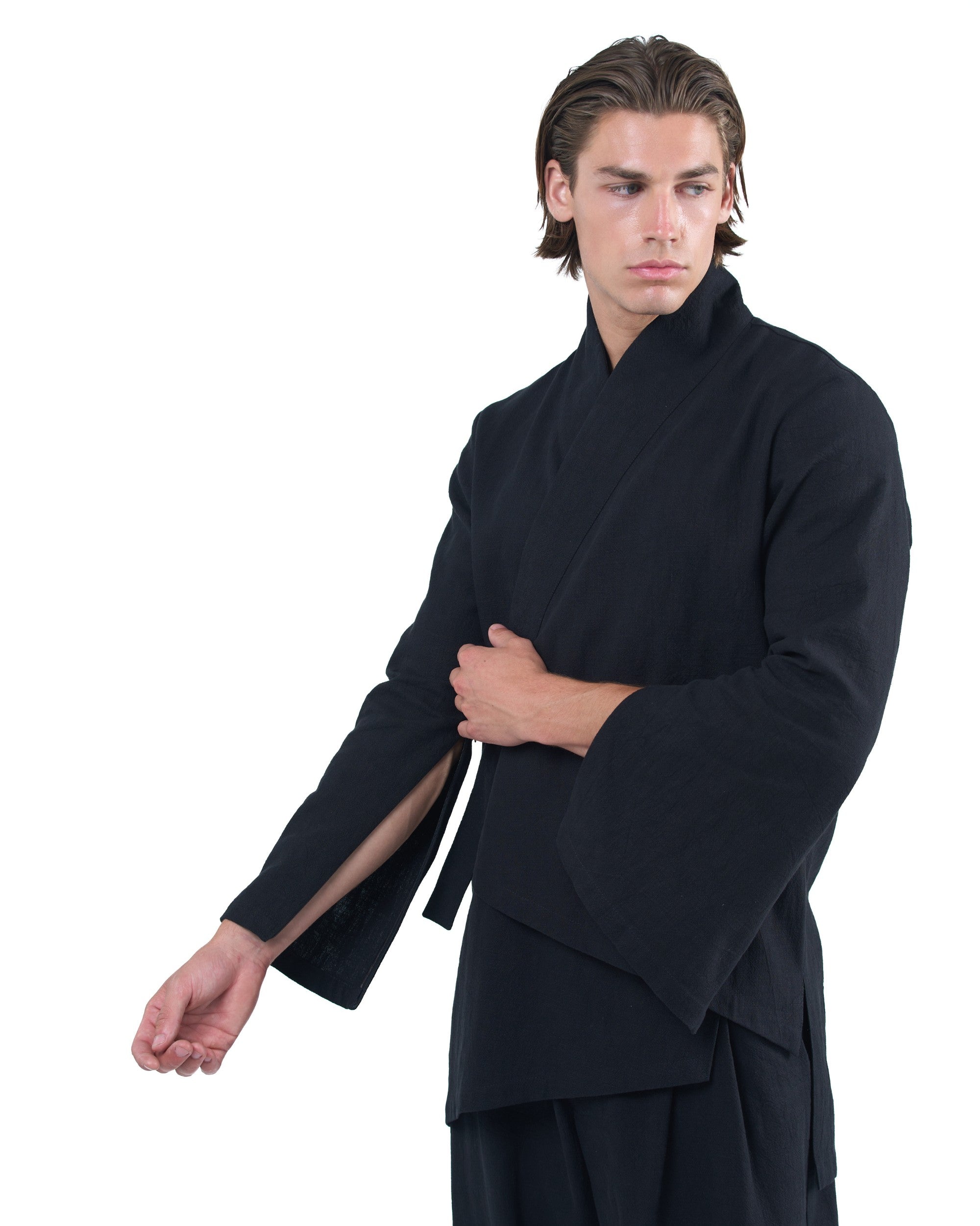 Black kimono-style shirt in nettle fabric with magnetic fastening and embroidered logo by OVERZ