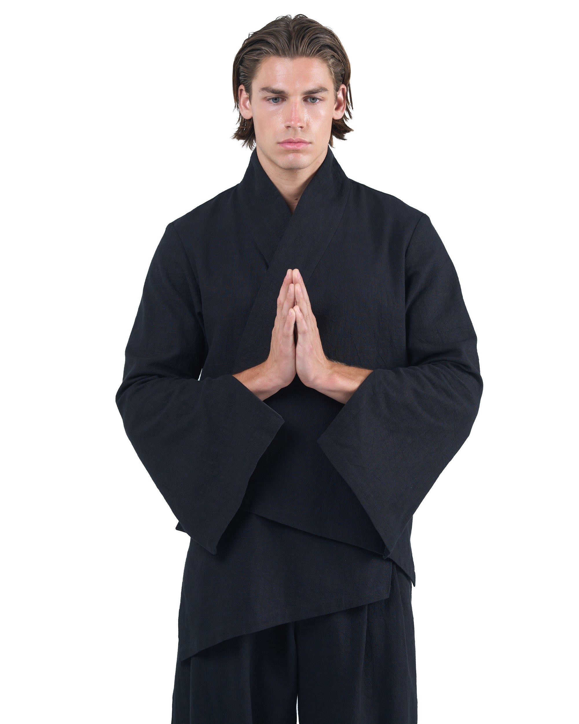 Black kimono-style shirt in nettle fabric with magnetic fastening and embroidered logo by OVERZ