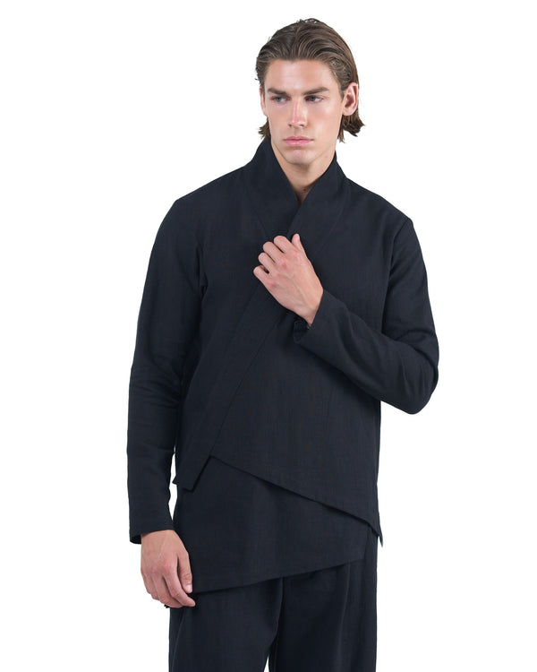 Black kimono-style shirt in nettle fabric with magnetic fastening and embroidered logo by OVERZ