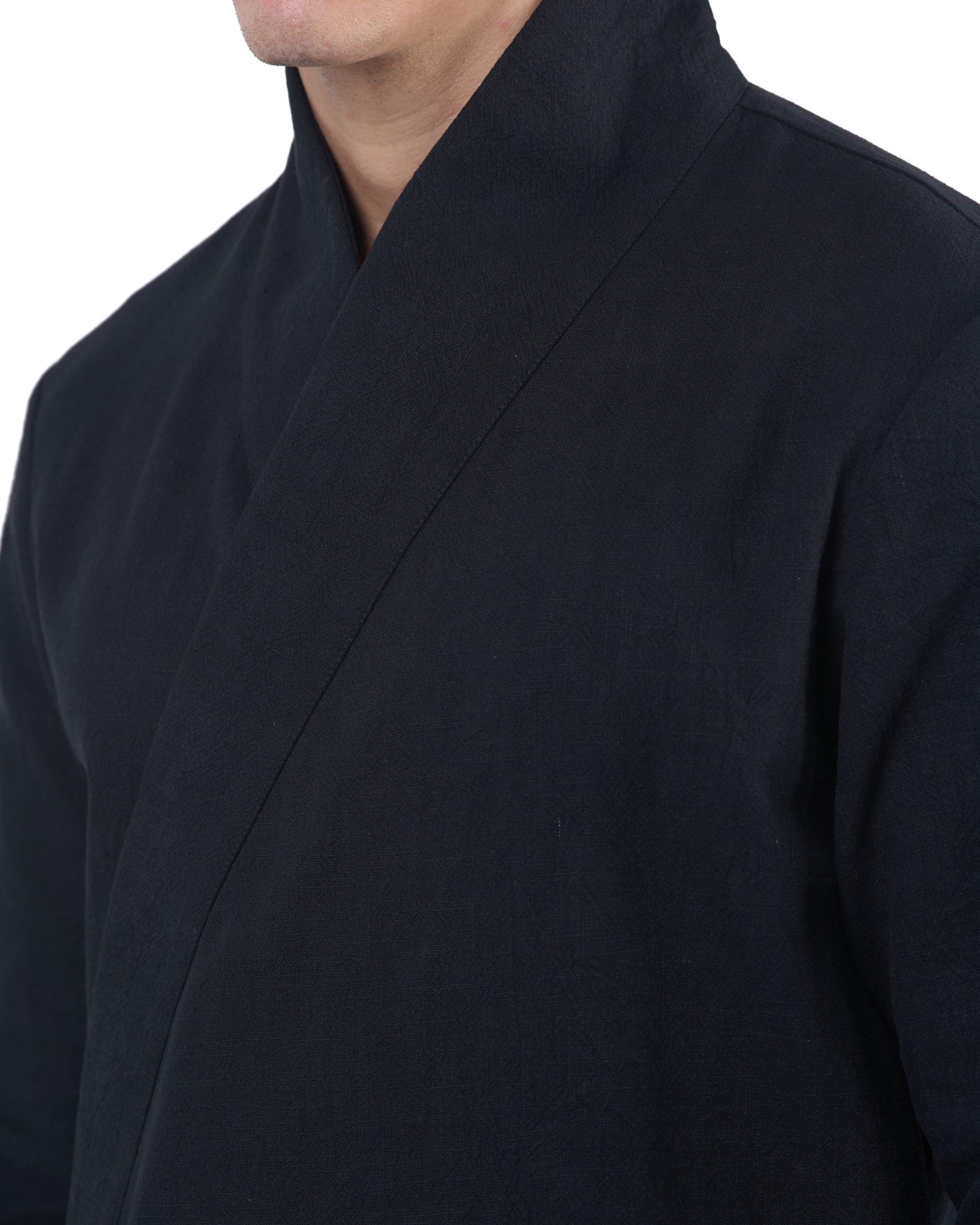 Black kimono-style shirt in nettle fabric with magnetic fastening and embroidered logo by OVERZ