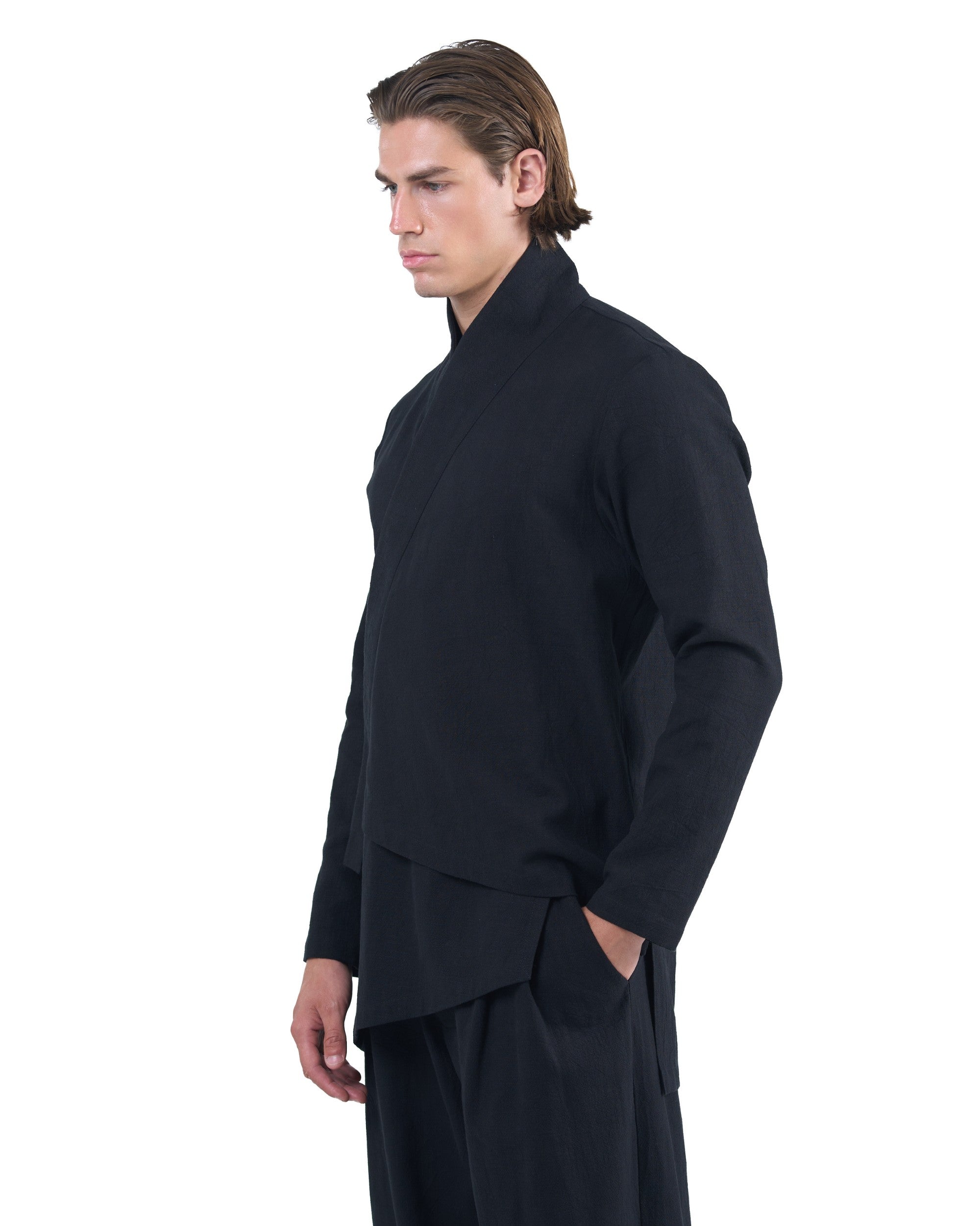 Black kimono-style shirt in nettle fabric with magnetic fastening and embroidered logo by OVERZ