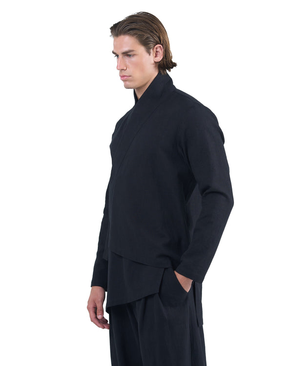 Black kimono-style shirt in nettle fabric with magnetic fastening and embroidered logo by OVERZ