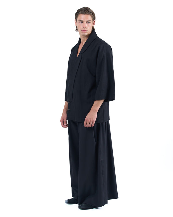 Black kimono-style blazer with accent collar and wooden buttons by OVERZ