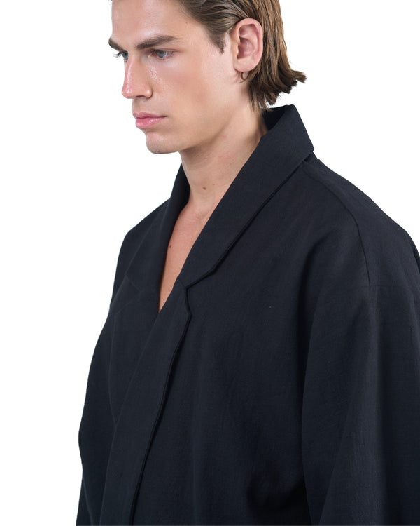 Black kimono-style blazer with accent collar and wooden buttons by OVERZ