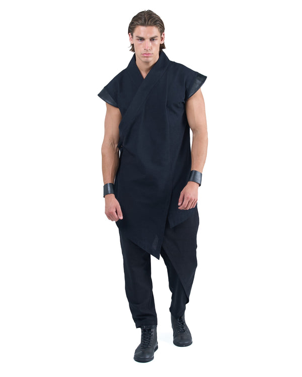 Black asymmetric kimono-style shirt with leather shoulders and wrap front by OVERZ worn by male model