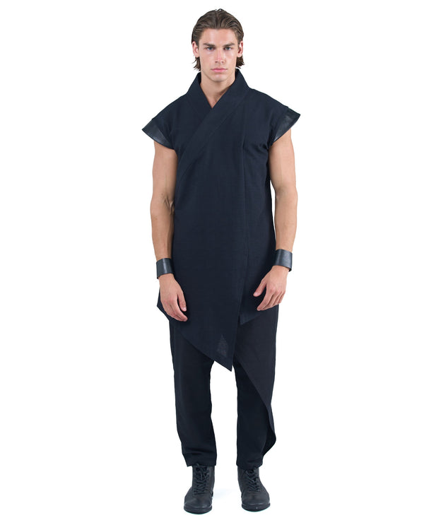 Black asymmetric kimono-style shirt with leather shoulders and wrap front by OVERZ worn by male model