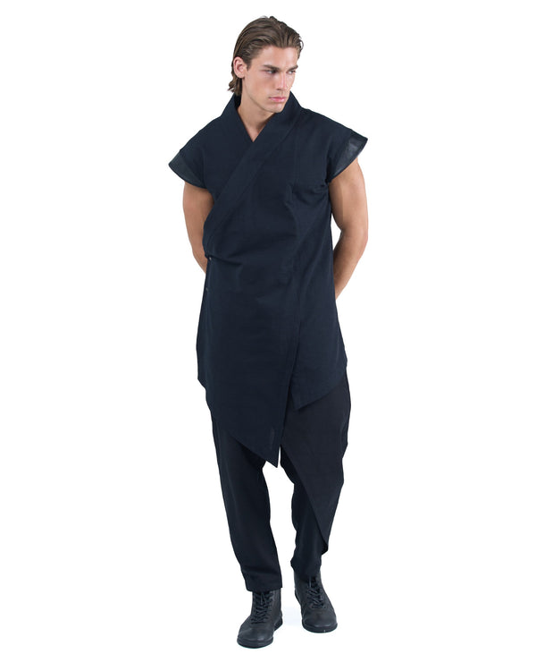 Black asymmetric kimono-style shirt with leather shoulders and wrap front by OVERZ worn by male model