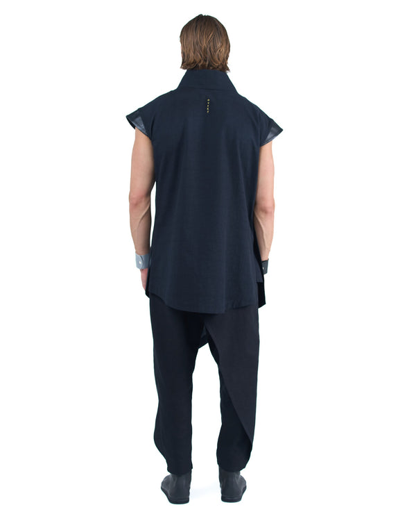 Black asymmetric kimono-style shirt with leather shoulders and wrap front by OVERZ worn by male model