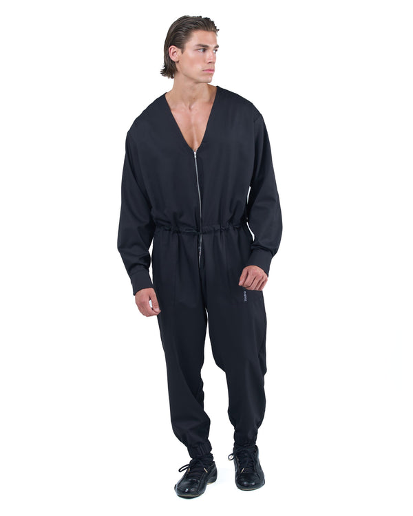Black men's jumpsuit with zip closure, rope-adjusted waist and elastic cuffs by OVERZ