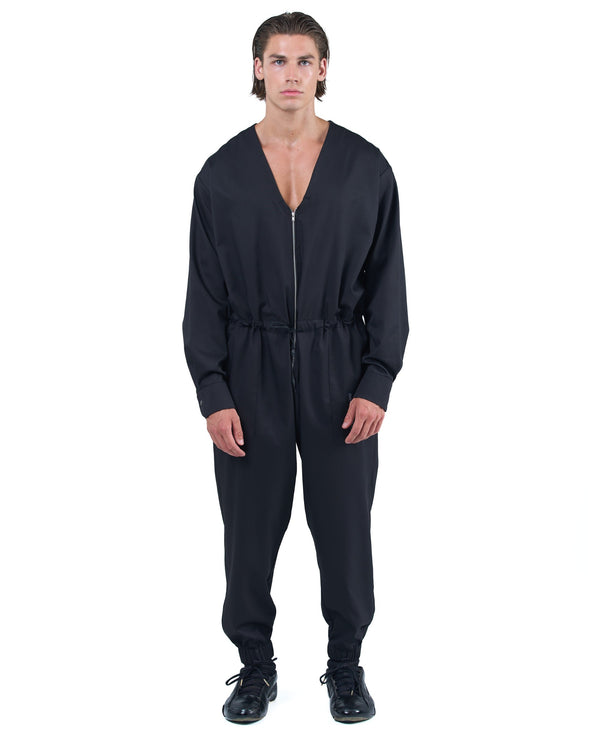 Black men's jumpsuit with zip closure, rope-adjusted waist and elastic cuffs by OVERZ