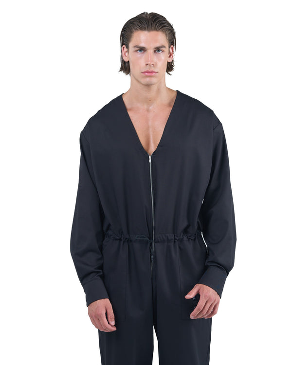 Black men's jumpsuit with zip closure, rope-adjusted waist and elastic cuffs by OVERZ
