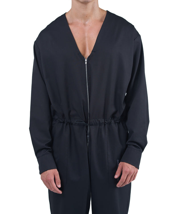 Black men's jumpsuit with zip closure, rope-adjusted waist and elastic cuffs by OVERZ