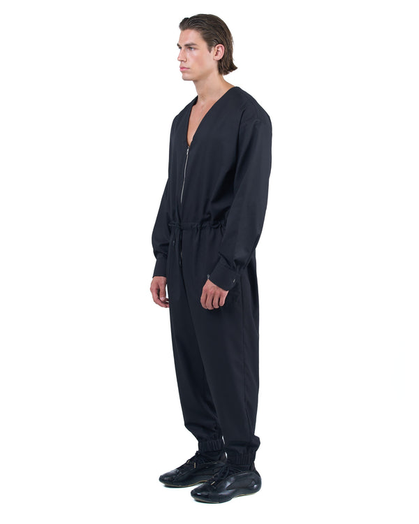 Black men's jumpsuit with zip closure, rope-adjusted waist and elastic cuffs by OVERZ