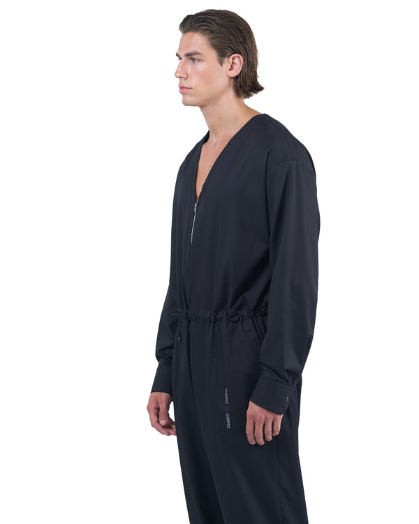 Black men's jumpsuit with zip closure, rope-adjusted waist and elastic cuffs by OVERZ