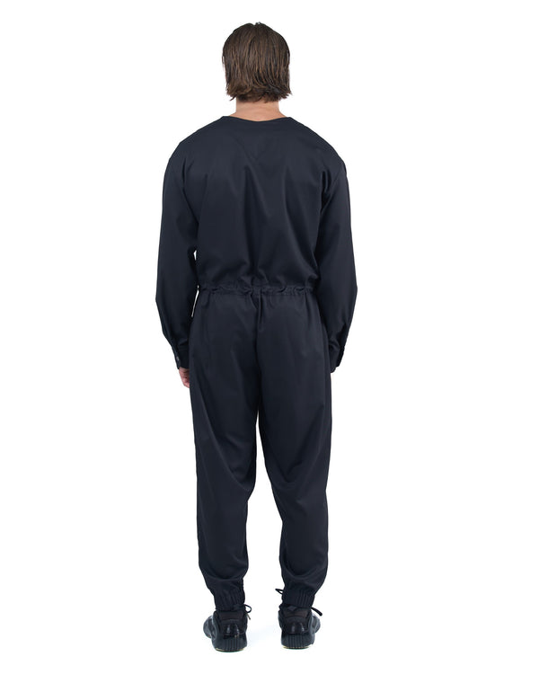 Black men's jumpsuit with zip closure, rope-adjusted waist and elastic cuffs by OVERZ