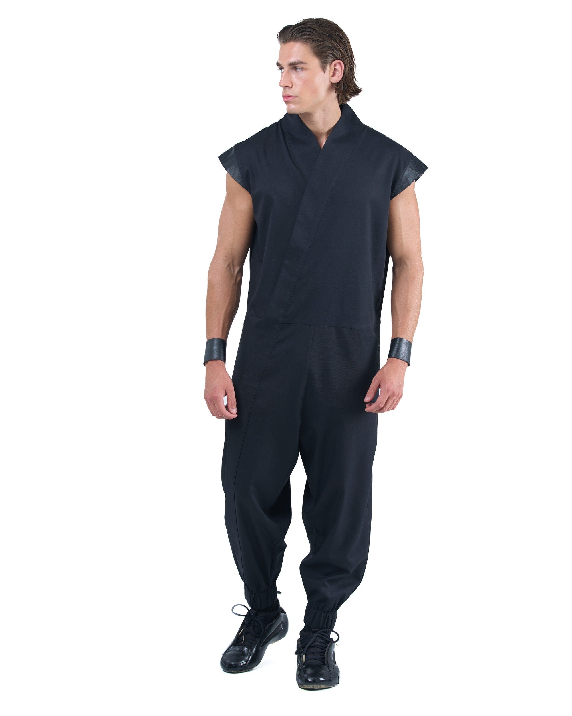 Black Asymmetric Jumpsuit with Leather Shoulders | OVERZ