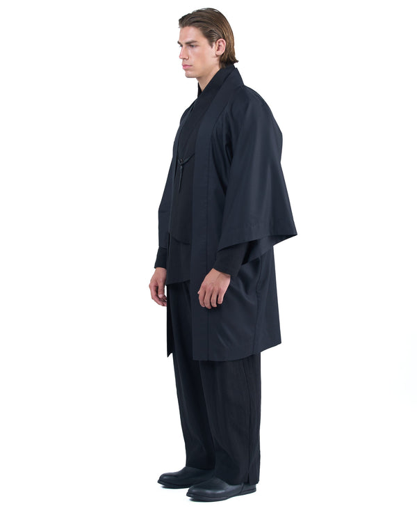 Black straight kimono jacket with leather haori himo and bison horn closure by OVERZ