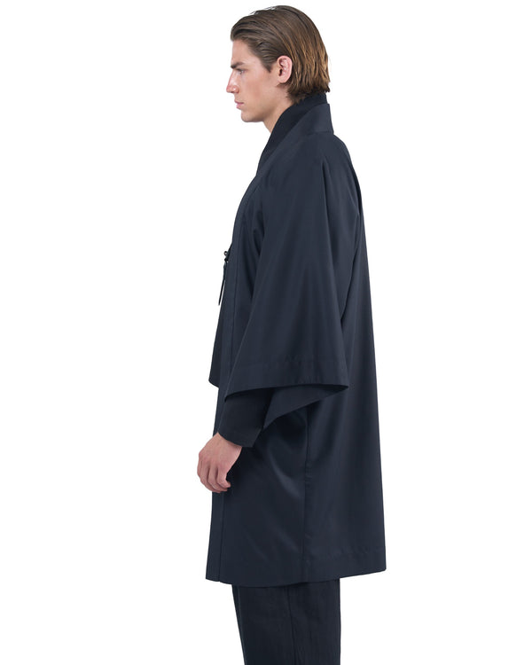Black straight kimono jacket with leather haori himo and bison horn closure by OVERZ