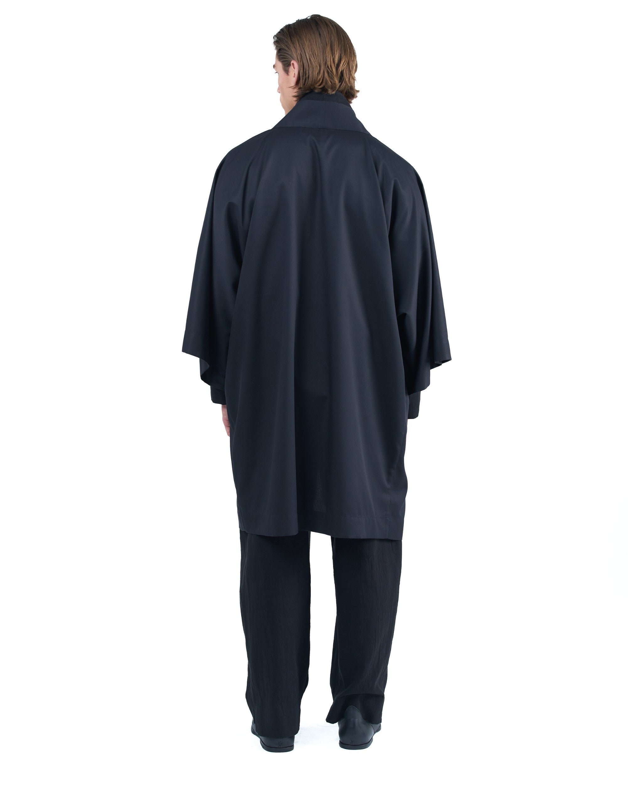 Black straight kimono jacket with leather haori himo and bison horn closure by OVERZ