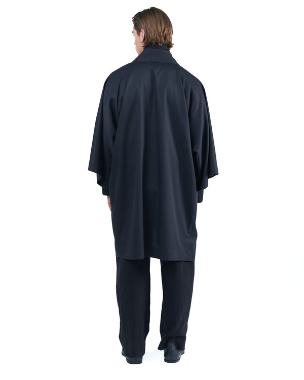 Black straight kimono jacket with leather haori himo and bison horn closure by OVERZ