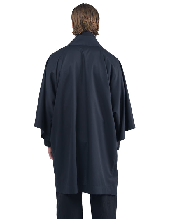 Black straight kimono jacket with leather haori himo and bison horn closure by OVERZ