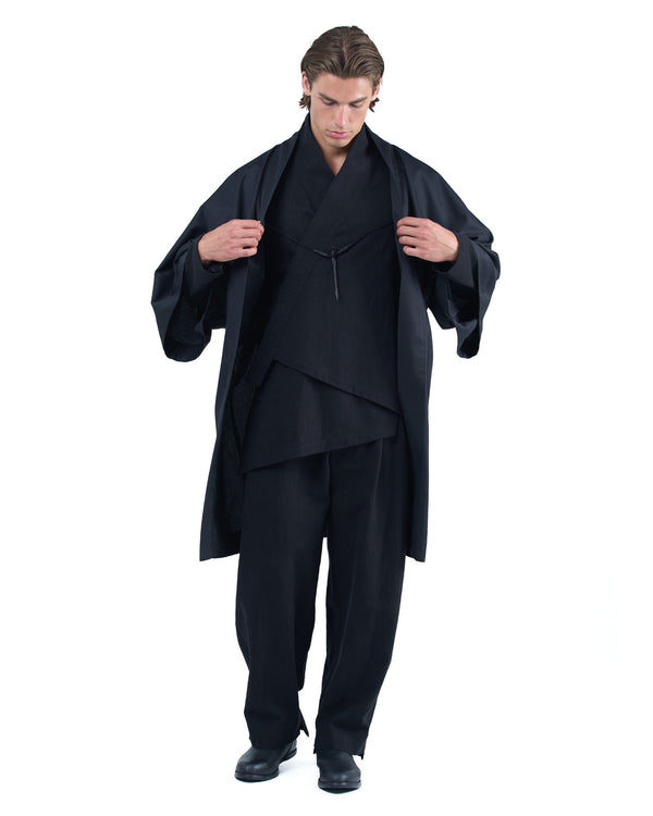 Black straight kimono jacket with leather haori himo and bison horn closure by OVERZ