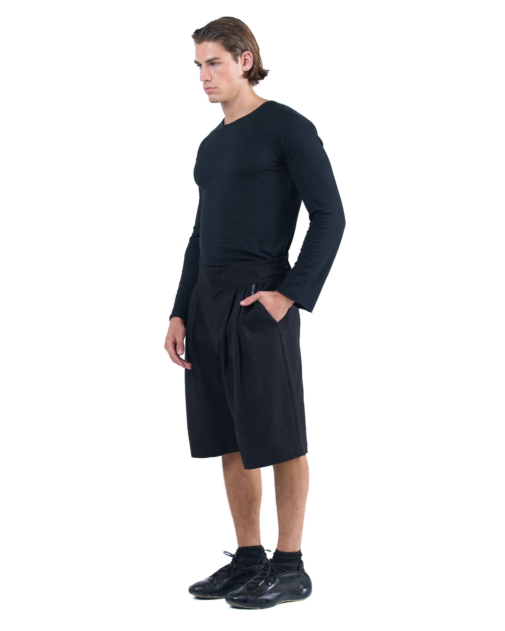 Black longline structured shorts with adjustable waistband OVERZ