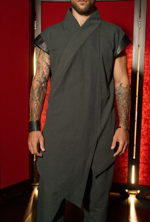 Minimalist menswear outfit with black wrap tunic and joggers, OVERZ Bali store