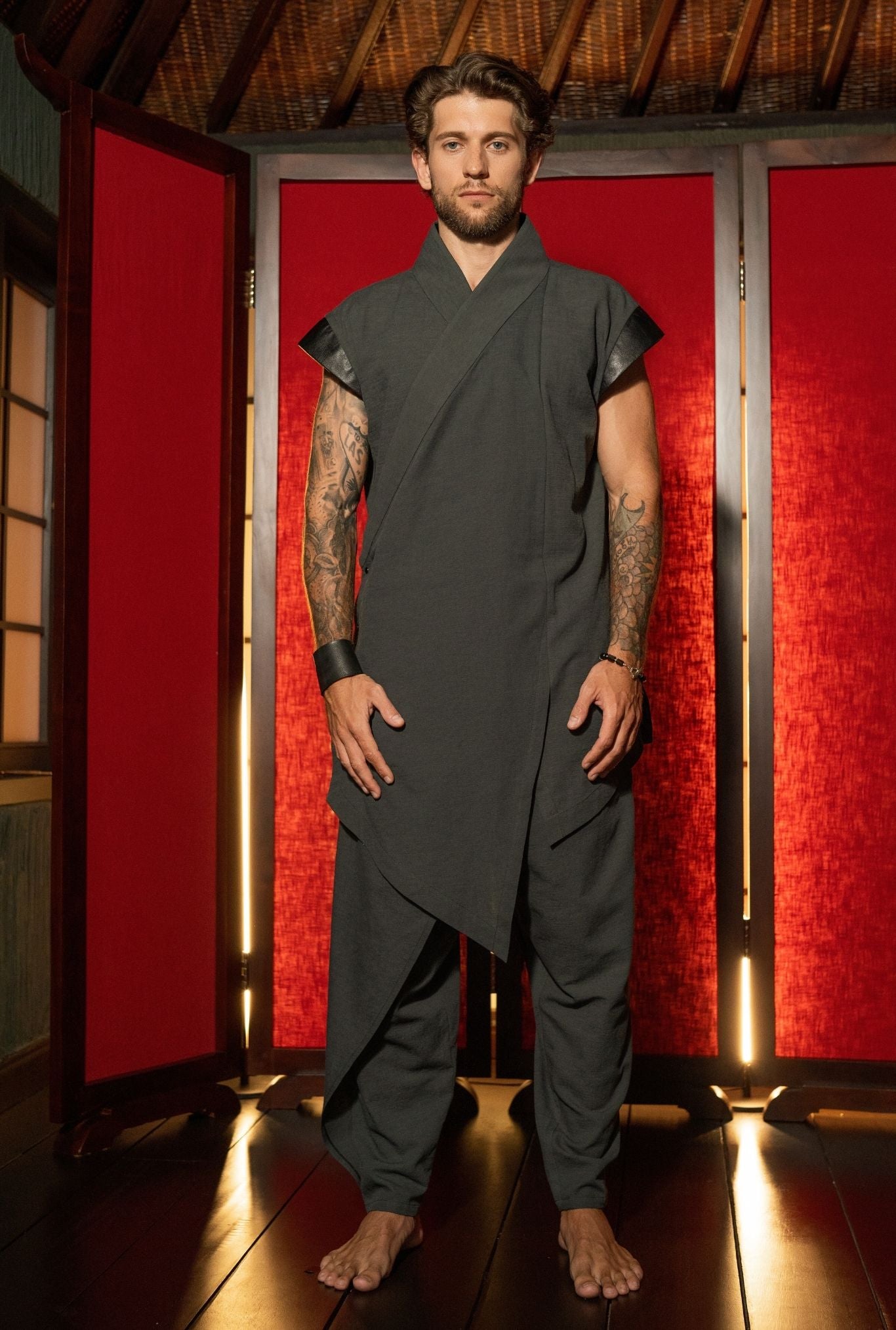 Avant-garde mens tunic vest detail, layered construction and clean lines, OVERZ Bali
