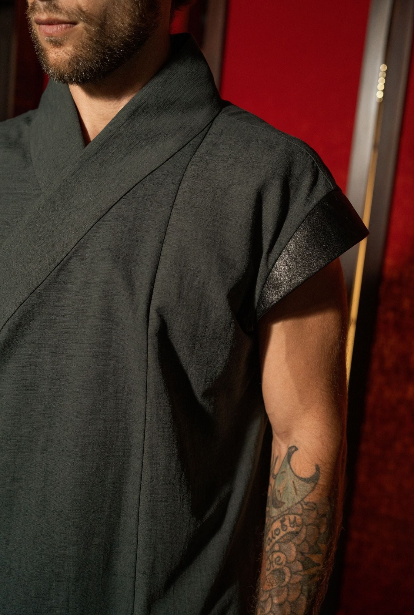 Custom fitting black wrap vest menswear in Ubud Bali, OVERZ atelier