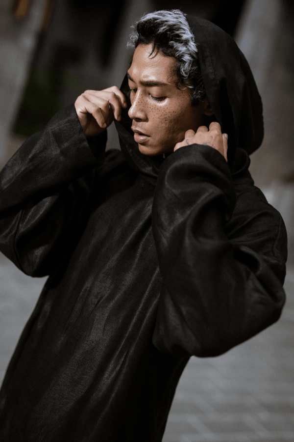 MENS LINEN BLACK HOODIE - OVERZ